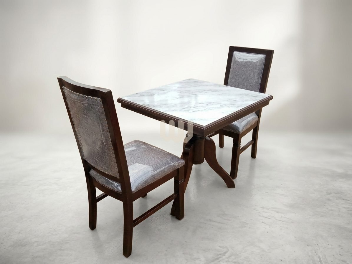 Claire / Clara / Java Dining Set | Marble-Sheet Tabletop | Cypress Wood | Walnut Finish | Grey Titan Fabric