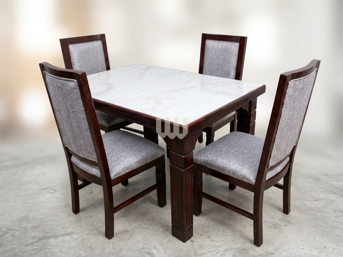 Claire / Clara / Java Dining Set | Marble-Sheet Tabletop | Cypress Wood | Walnut Finish | Grey Titan Fabric