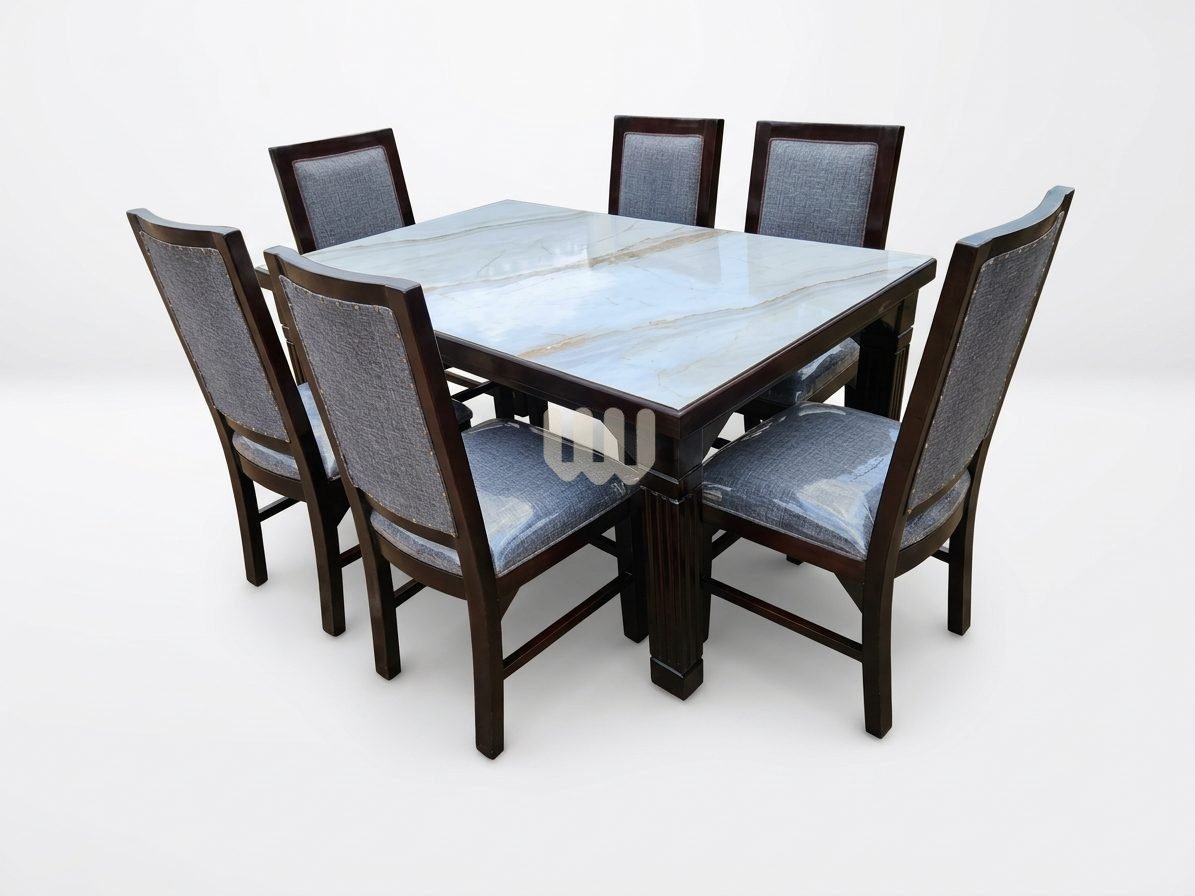 Claire / Clara / Java Dining Set | Marble-Sheet Tabletop | Cypress Wood | Walnut Finish | Grey Titan Fabric