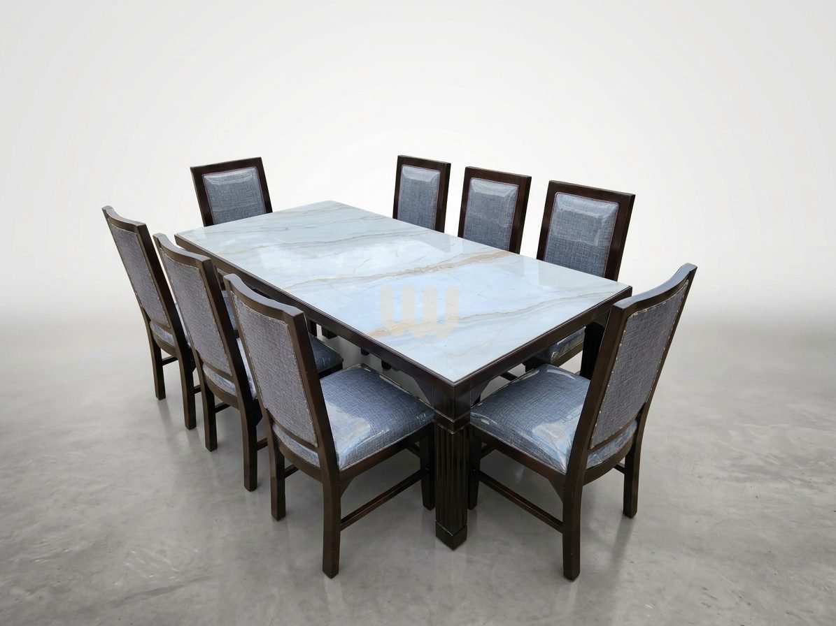 Claire / Clara / Java Dining Set | Marble-Sheet Tabletop | Cypress Wood | Walnut Finish | Grey Titan Fabric