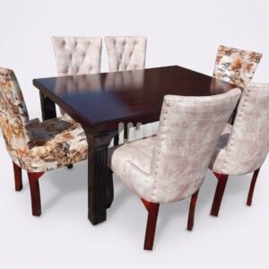 KimWoods Chester 6-Seater Mix & Match Dining Set | MDF Tabletop | Walnut Finish | Light Brown & Floral Upholstery