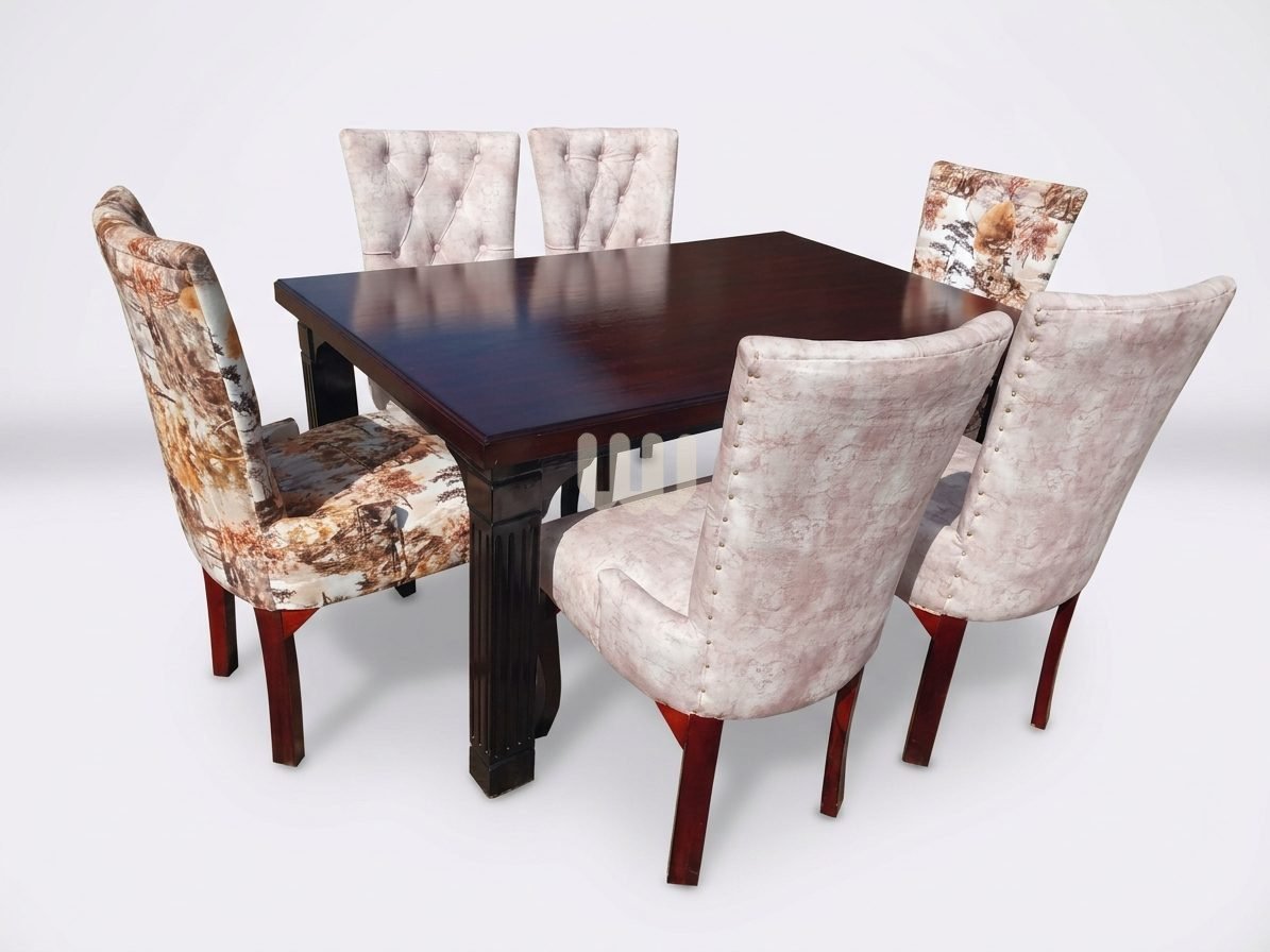 KimWoods Chester 6-Seater Mix & Match Dining Set | MDF Tabletop | Walnut Finish | Light Brown & Floral Upholstery