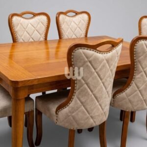 Oushmere Premium Chester 6-Seater Dining Set – Solid Mvule Wood Table | 2-Pack Premium Varnish | Quilted Upholstery