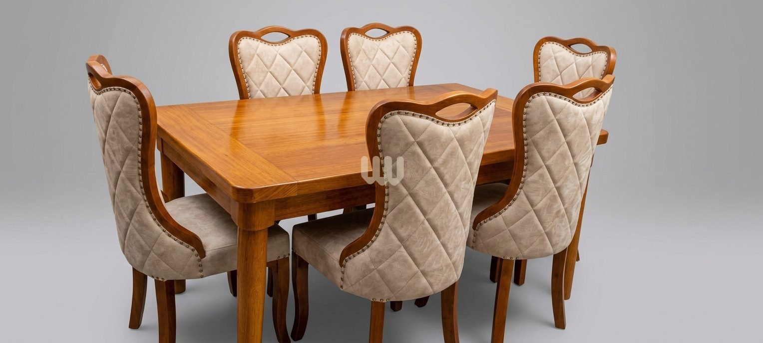 Oushmere Premium Chester 6-Seater Dining Set – Solid Mvule Wood Table | 2-Pack Premium Varnish | Quilted Upholstery