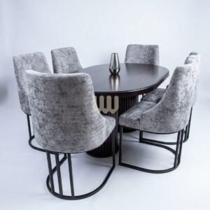 Sunshine Chester 6-Seater Oval Dining Set | Light Grey Fabric | Black Metallic Legs | MDF Top | Fluted Base