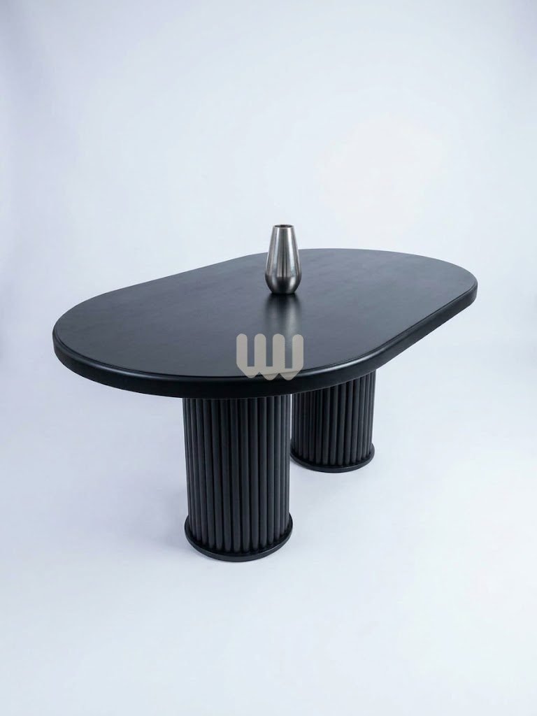 Sunshine Chester 6-Seater Oval Dining Set | Light Grey Fabric | Black Metallic Legs | MDF Top | Fluted Base