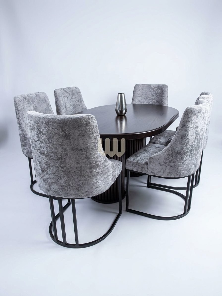 Sunshine Chester 6-Seater Oval Dining Set | Light Grey Fabric | Black Metallic Legs | MDF Top | Fluted Base