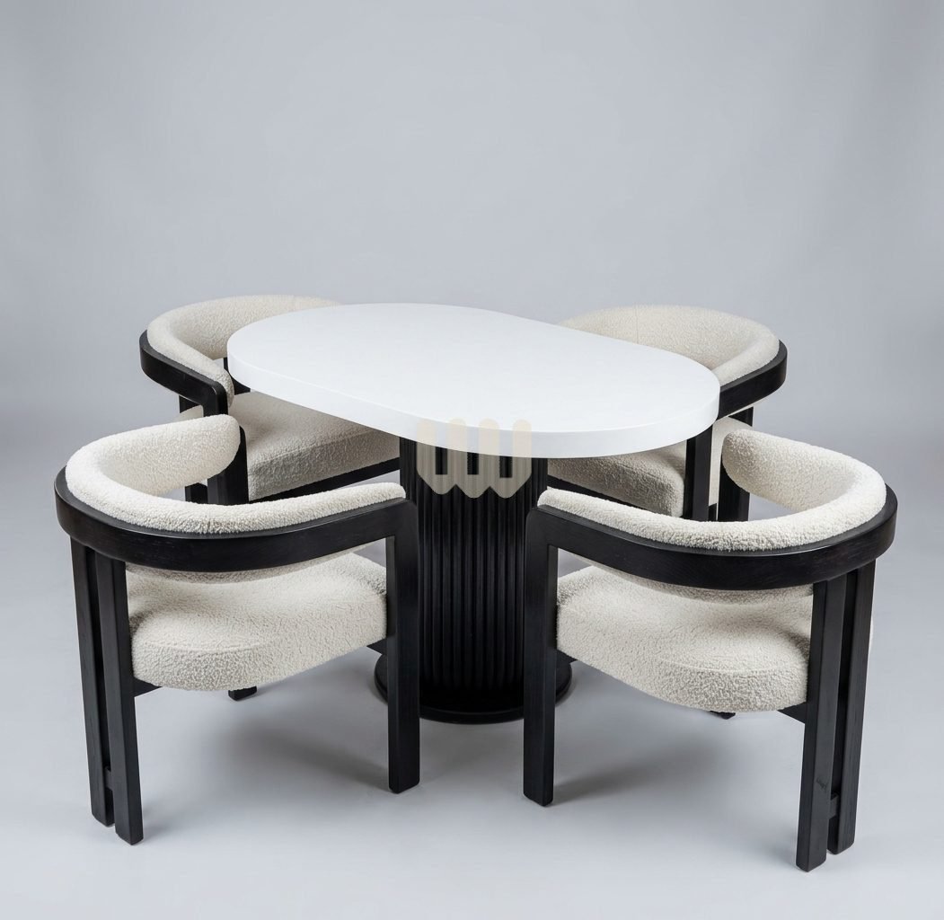 Sunshine Minimalist 4-Seater Dining Set | Oval Table | Black Finish | White MDF Top | Beige Bouclé
