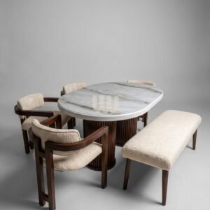 Sunshine Minimalist 6-Seater Oval Dining Set | Beige Bouclé | Marble-Look Top | Walnut Finish | Cypress Wood
