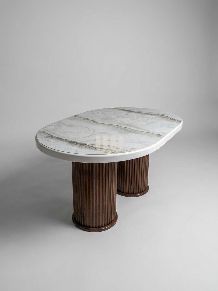 Sunshine Minimalist 6-Seater Oval Dining Set | Beige Bouclé | Marble-Look Top | Walnut Finish | Cypress Wood