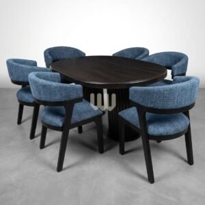 Sunshine Minimalist 6-Seater Oval Dining Set | Cypress Wood | Blue Fabric | Black Finish | MDF Tabletop