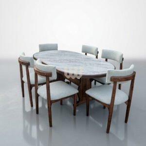 Sunshine Minimalist 6-Seater Oval Dining Set | Cypress Wood | Walnut Finish | Beige Fabric | Marble-Sheet Tabletop