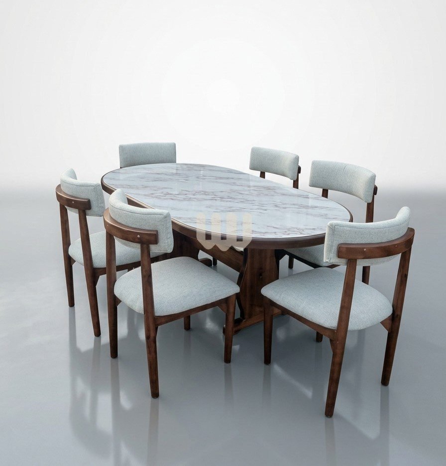 Sunshine Minimalist 6-Seater Oval Dining Set | Cypress Wood | Walnut Finish | Beige Fabric | Marble-Sheet Tabletop