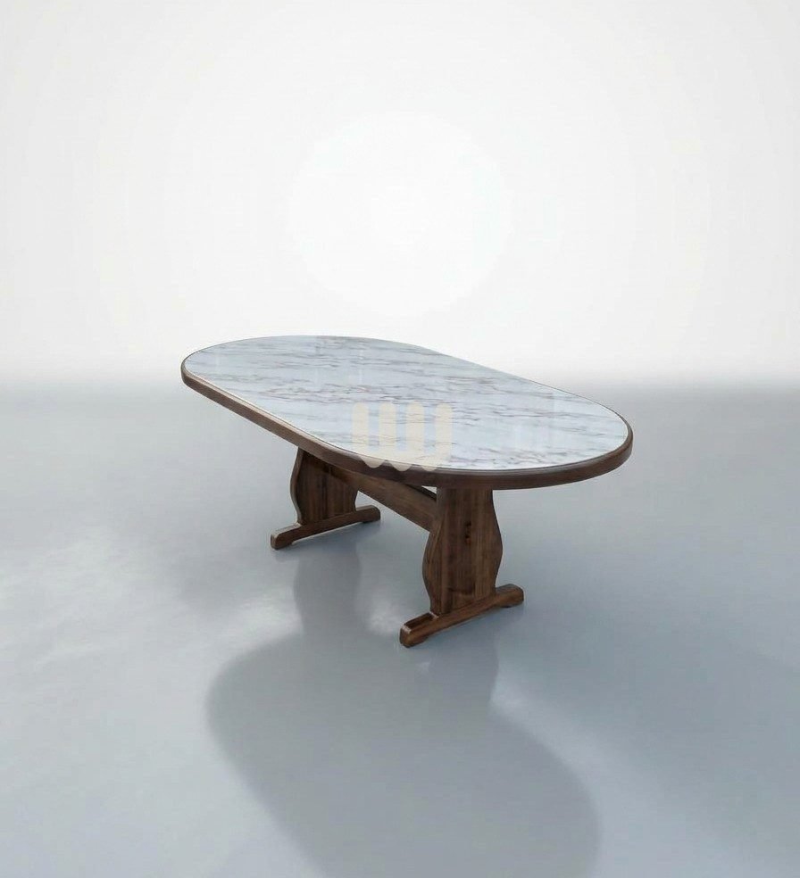 Sunshine Minimalist 6-Seater Oval Dining Set | Cypress Wood | Walnut Finish | Beige Fabric | Marble-Sheet Tabletop