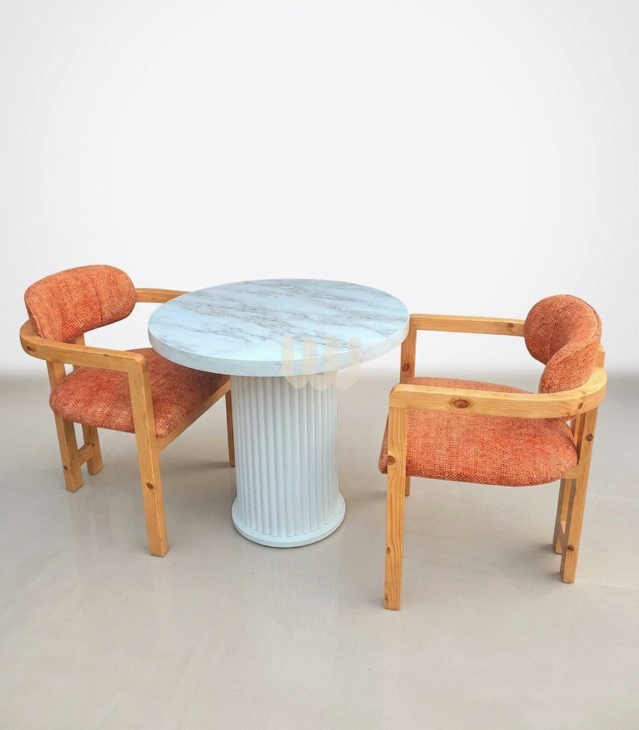 Sunshine Minimalist Dining Set | 2, 4, 6 & 8 Seater | Cypress Wood | Burnt Orange Fabric | White Marble-Sheet Top