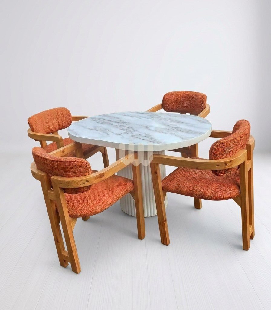 Sunshine Minimalist Dining Set | 2, 4, 6 & 8 Seater | Cypress Wood | Burnt Orange Fabric | White Marble-Sheet Top