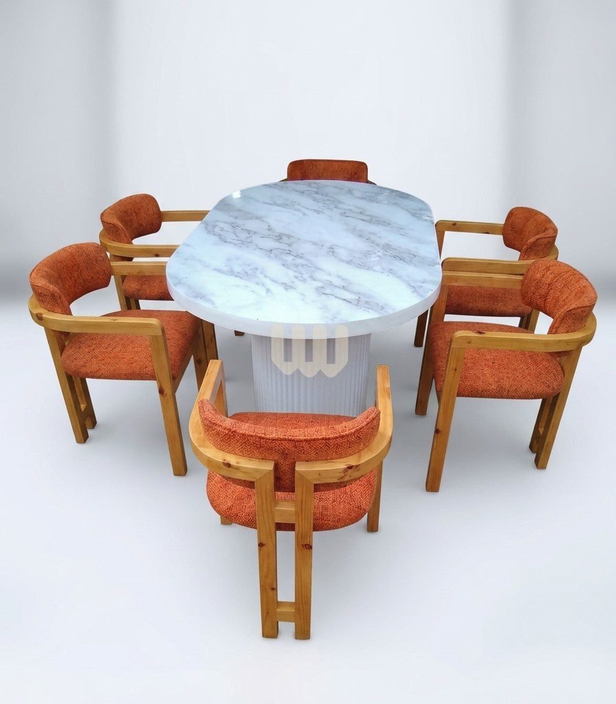 Sunshine Minimalist Dining Set | 2, 4, 6 & 8 Seater | Cypress Wood | Burnt Orange Fabric | White Marble-Sheet Top