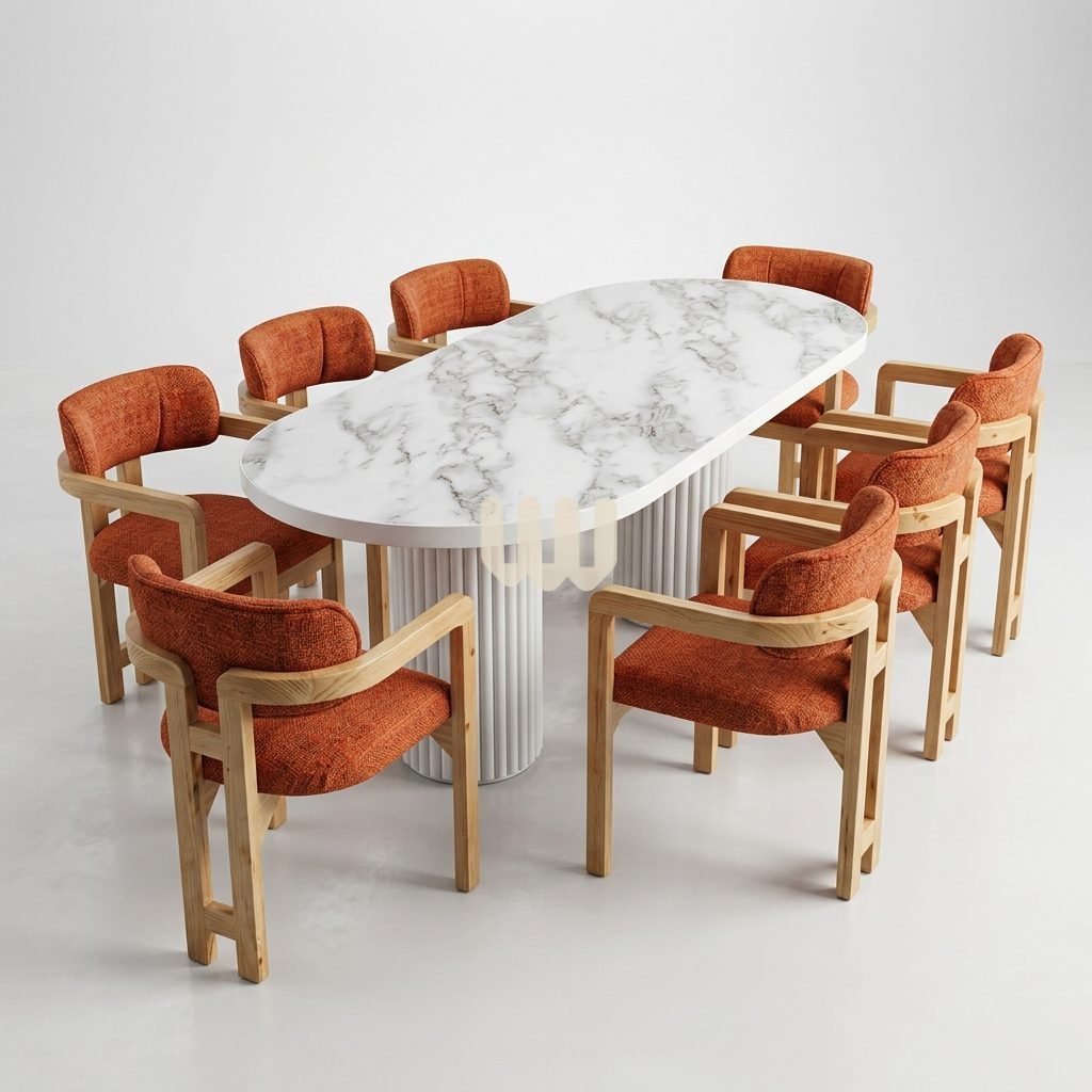Sunshine Minimalist Dining Set | 2, 4, 6 & 8 Seater | Cypress Wood | Burnt Orange Fabric | White Marble-Sheet Top